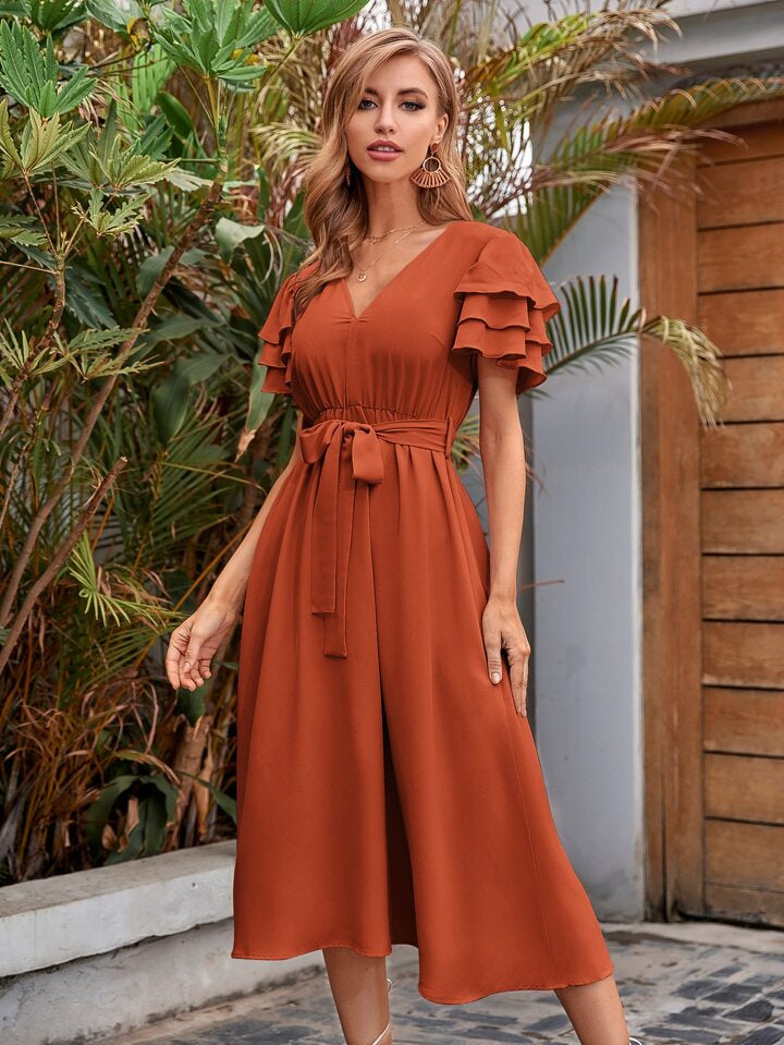 A & S Vacation V-Neck Layered Sleeve Belted Dress