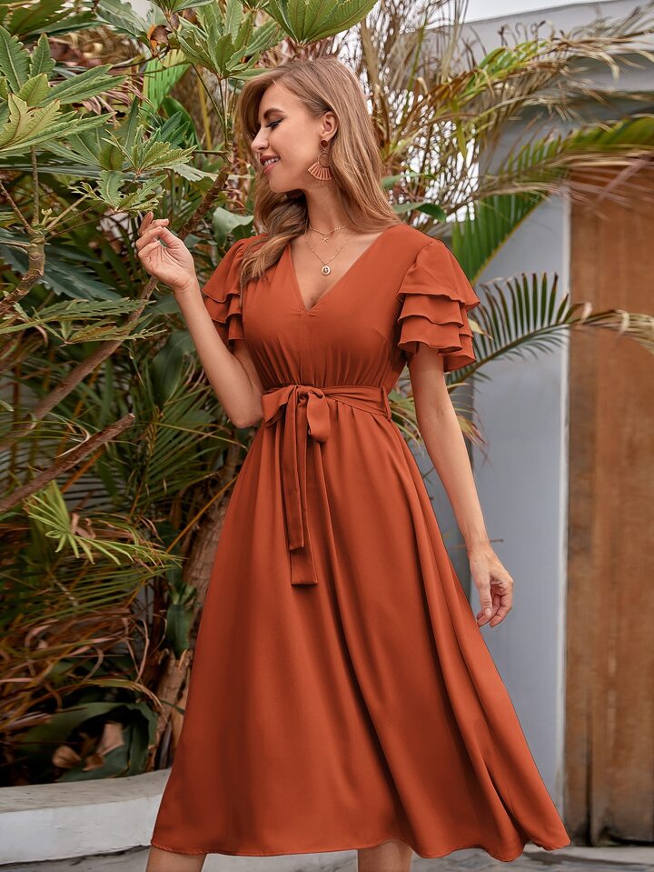 A & S Vacation V-Neck Layered Sleeve Belted Dress