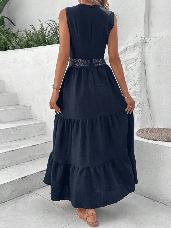 A & S Vacation Guipure Lace Insert Ruffle Hem Dress