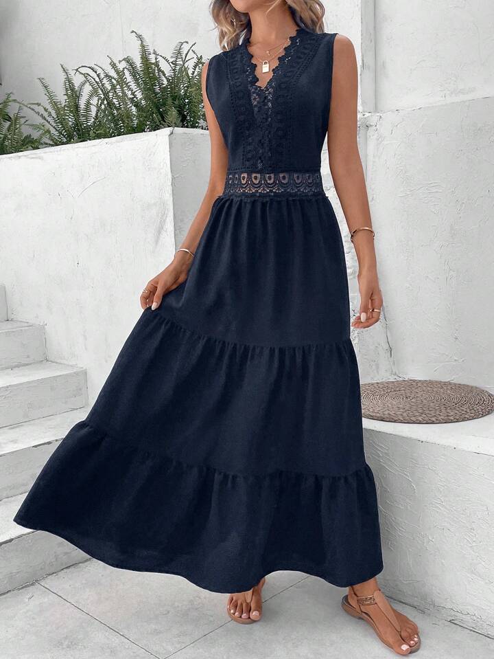 A & S Vacation Guipure Lace Insert Ruffle Hem Dress