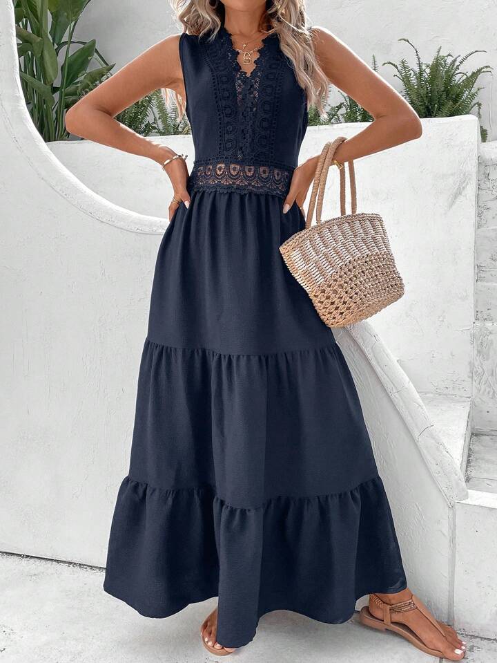 A & S Vacation Guipure Lace Insert Ruffle Hem Dress