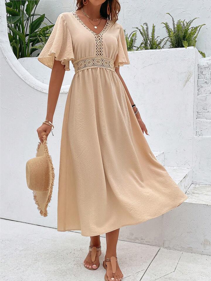 A & S Vacation Guipure Lace Insert Flounce Sleeve Dress