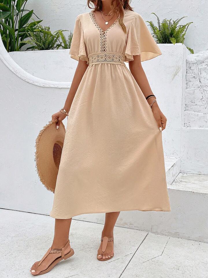 A & S Vacation Guipure Lace Insert Flounce Sleeve Dress