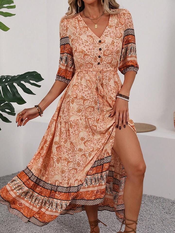 A & S Vintage Floral Print Drawstring Waist High Slit Dress