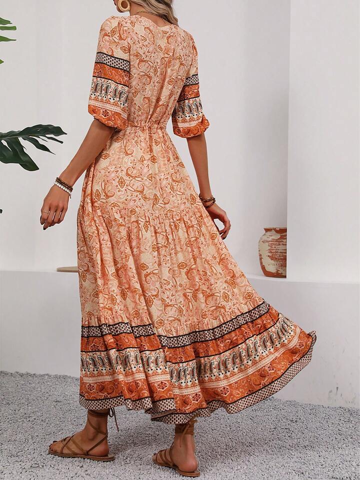 A & S Vintage Floral Print Drawstring Waist High Slit Dress