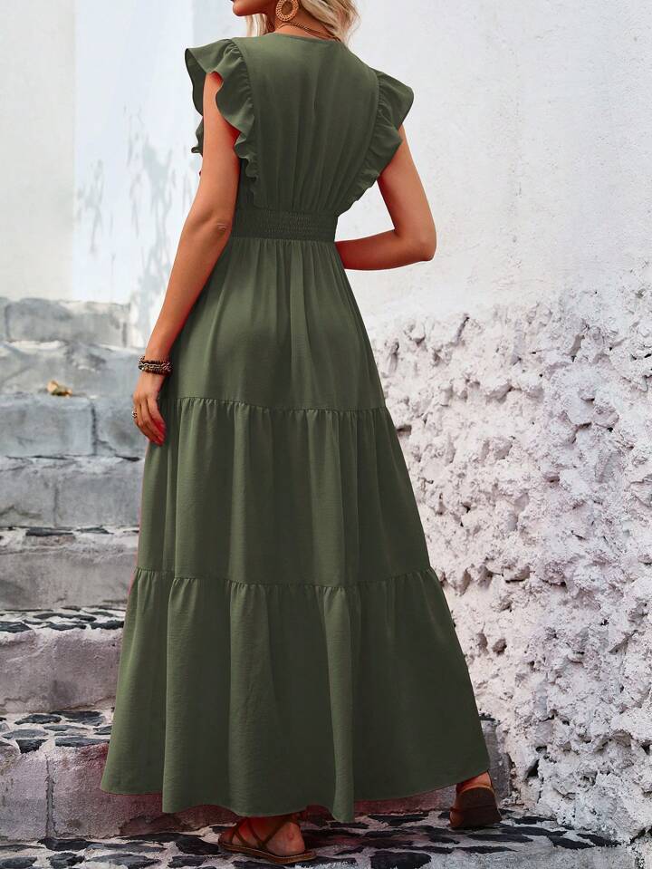 A & S Ladies’ Solid Color V-Neck Ruffle Sleeve Side Split Summer Dress