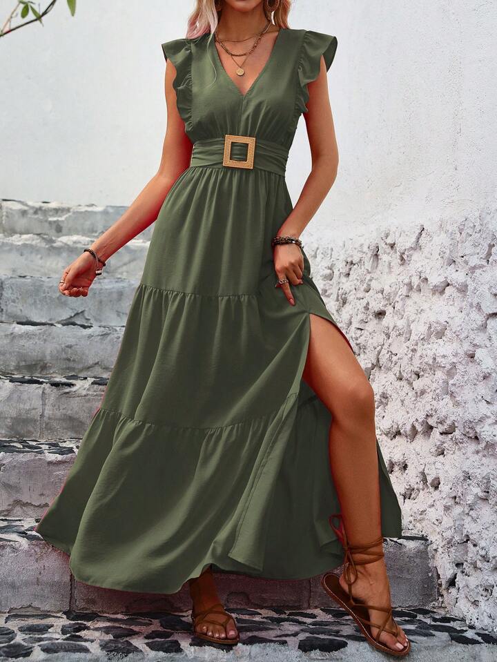 A & S Ladies’ Solid Color V-Neck Ruffle Sleeve Side Split Summer Dress