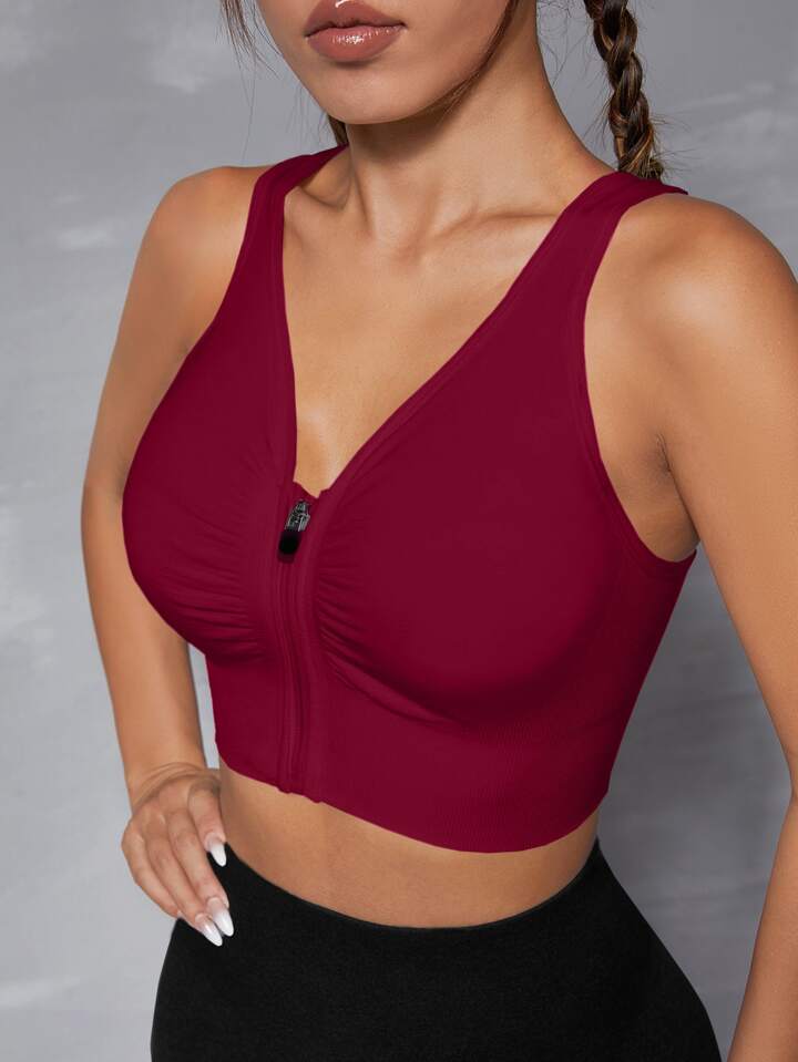 A & S Yoga Basic Cut Out Back Ruched Zip Up Sports Bra