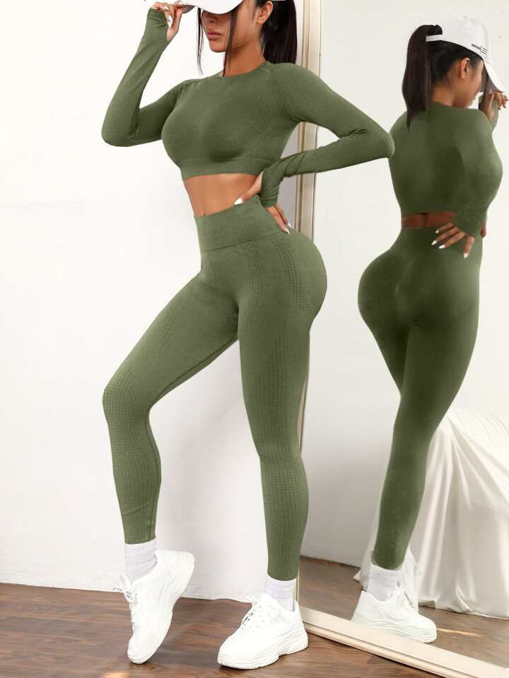 A & S 2pcs Seamless High Stretch Yoga Set Tracksuit Gym Set