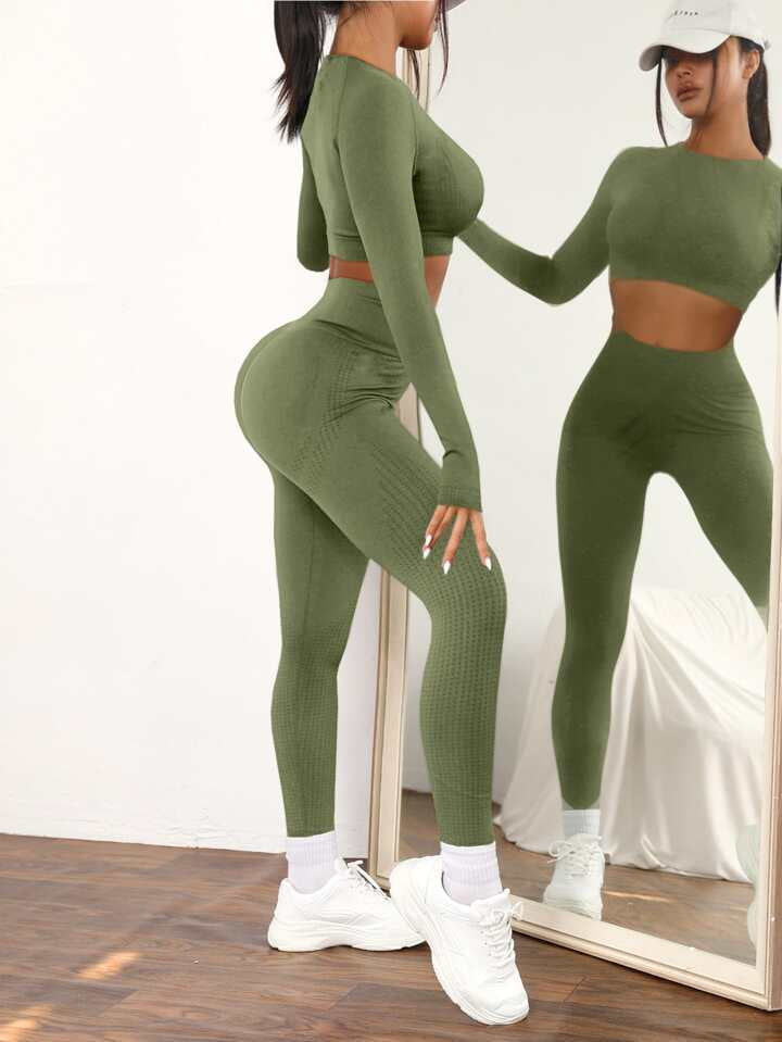 A & S 2pcs Seamless High Stretch Yoga Set Tracksuit Gym Set