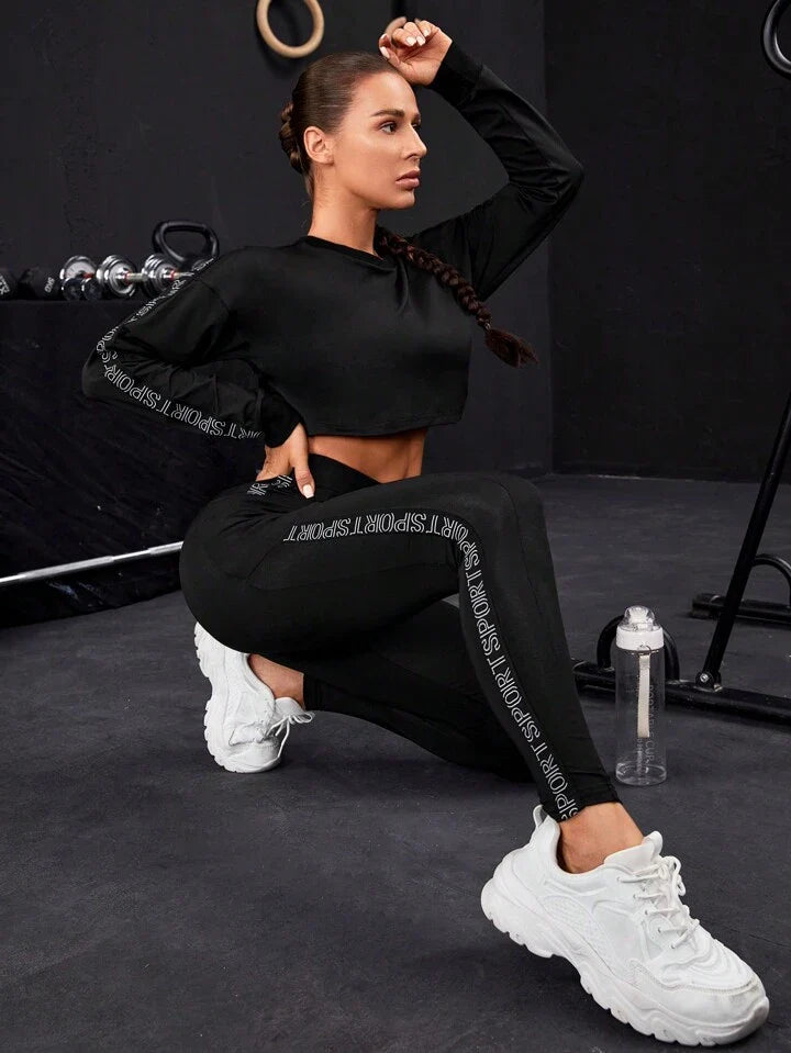 A & S Running Letter Graphic Crop Sports Sweatshirt & Leggings