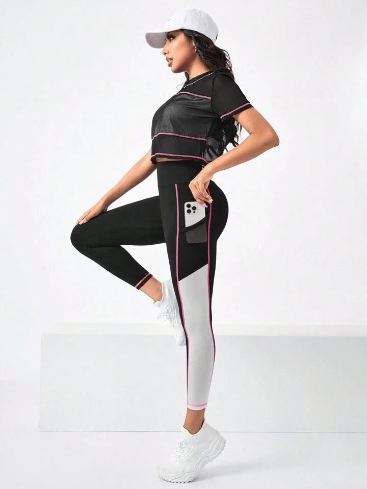 A & S Running Colorblock Sports Tee & Phone Pocket Side Leggings