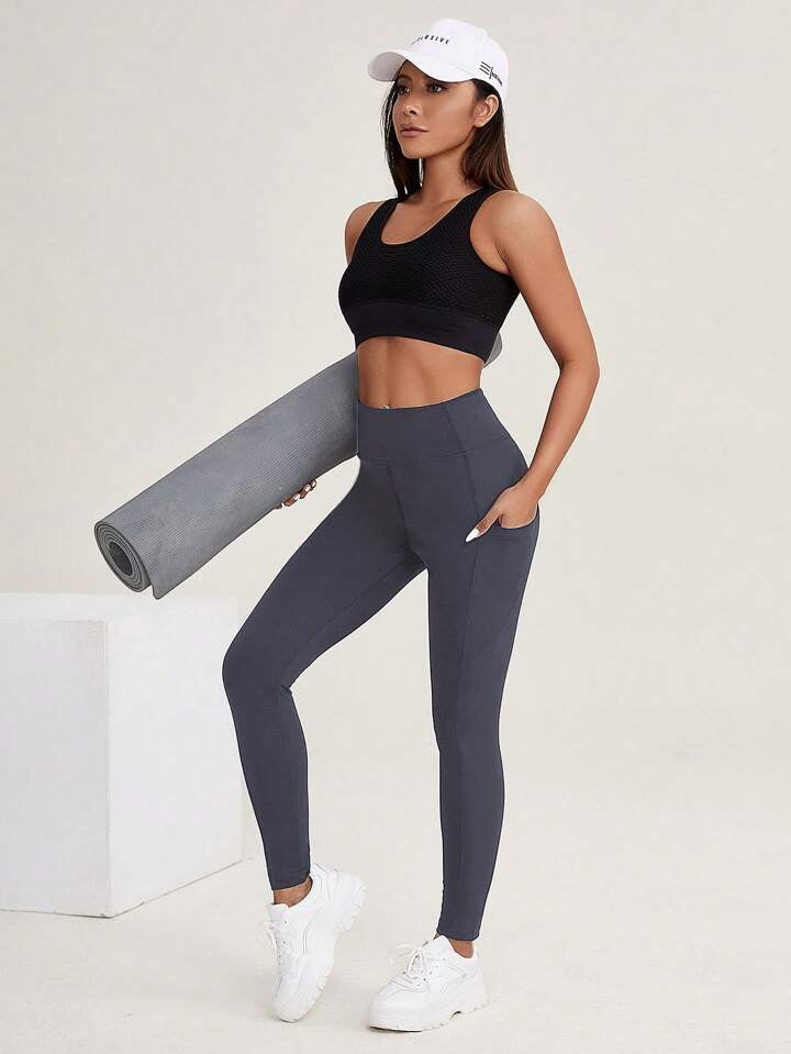 A & S Wide Waistband Phone Pocket Side Sports Leggings