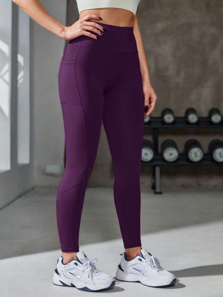 A & S Solid Wide Waistband Phone Pocket Side Sports Leggings