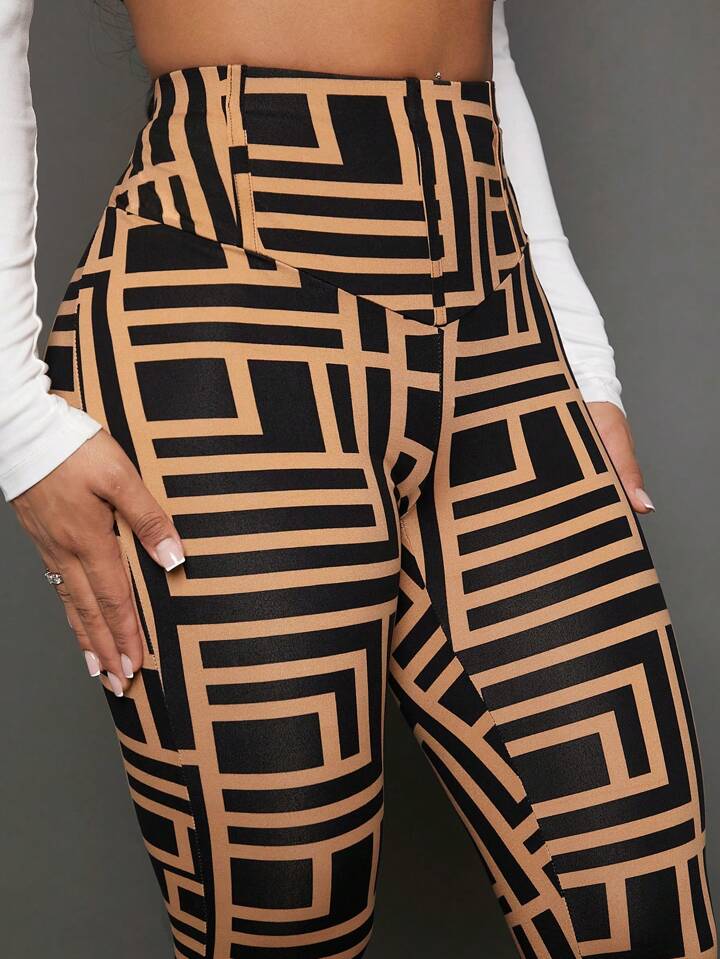 A & S Allover Print High Waist Leggings Irregular Waist Casual Pants