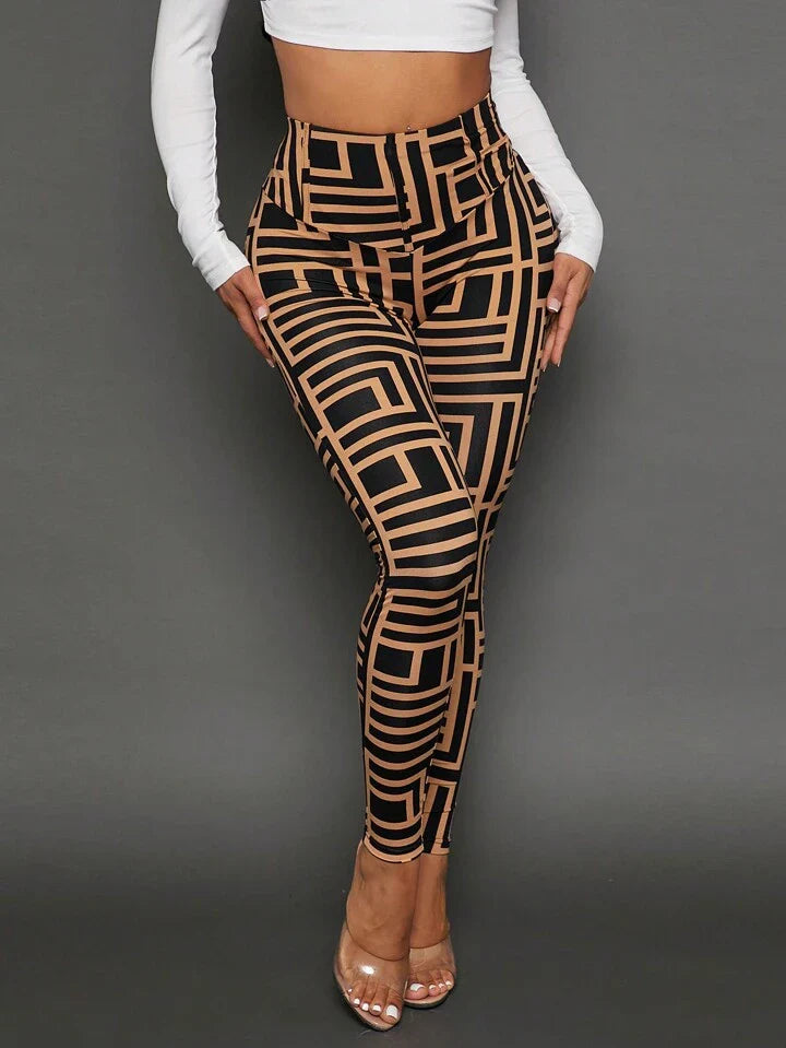A & S Allover Print High Waist Leggings Irregular Waist Casual Pants