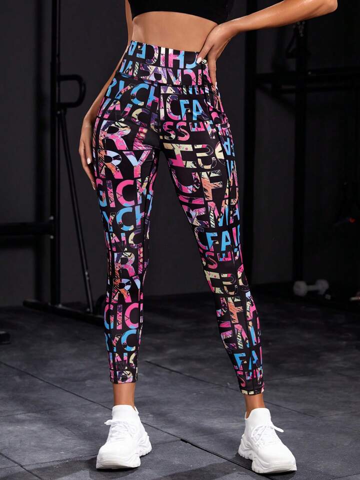 A & S Letter Graphic Wide Waistband Sports Leggings With Phone Pocket