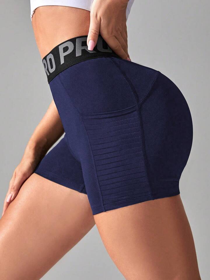 A & S Letter Print With Tummy Control And Side Pockets Blue Shorts