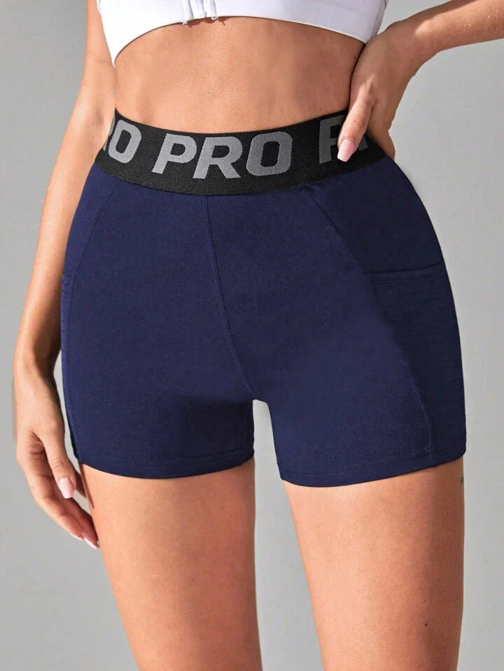 A & S Letter Print With Tummy Control And Side Pockets Blue Shorts