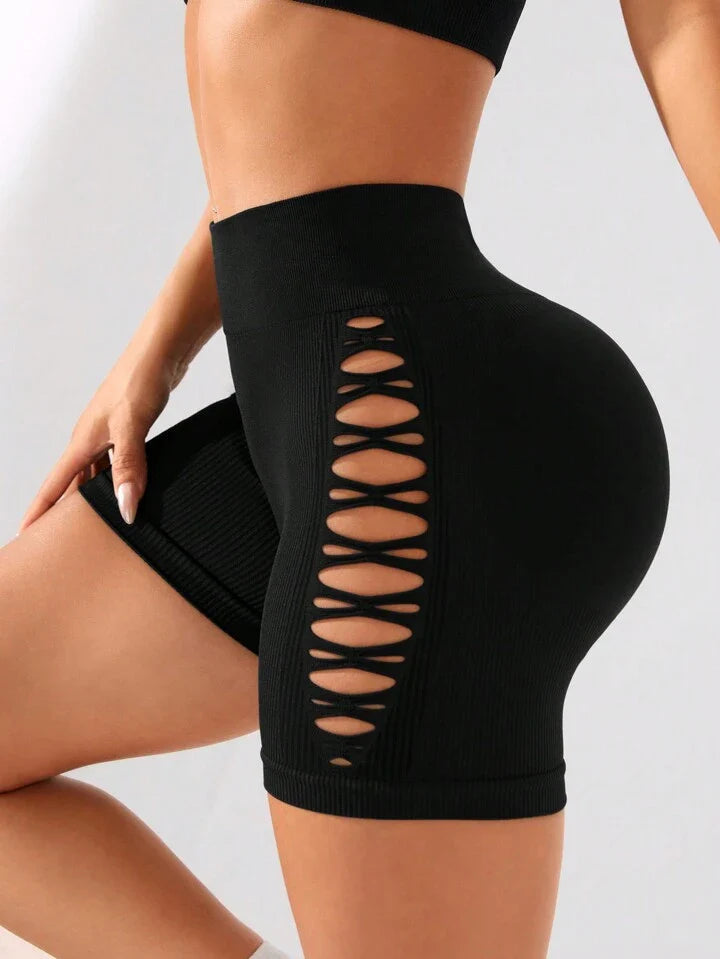 A & S Seamless Simple Solid Color Hollow Out Sports Shorts Boot Shorts