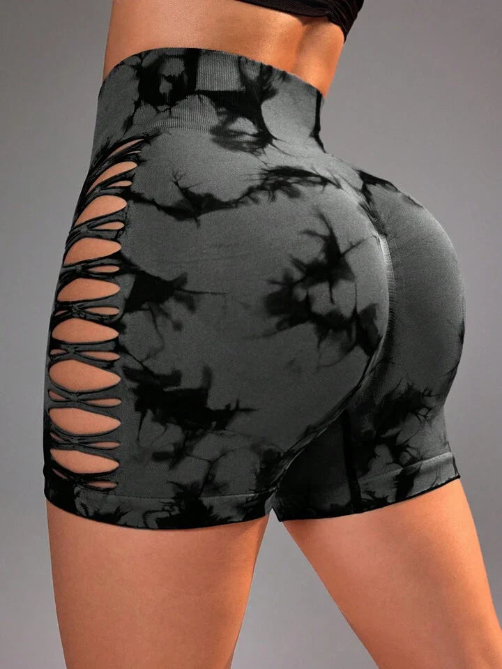A & S Women's High Waist Tie-Dye Printed Hollow Out Side Seamless Sports Shorts