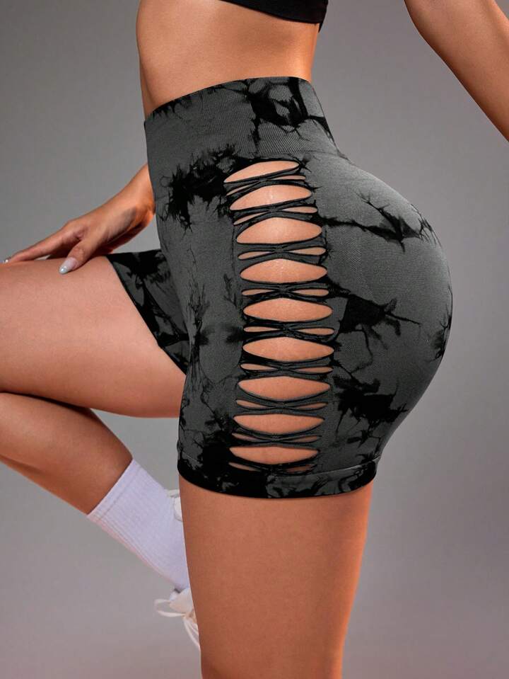 A & S Women's High Waist Tie-Dye Printed Hollow Out Side Seamless Sports Shorts