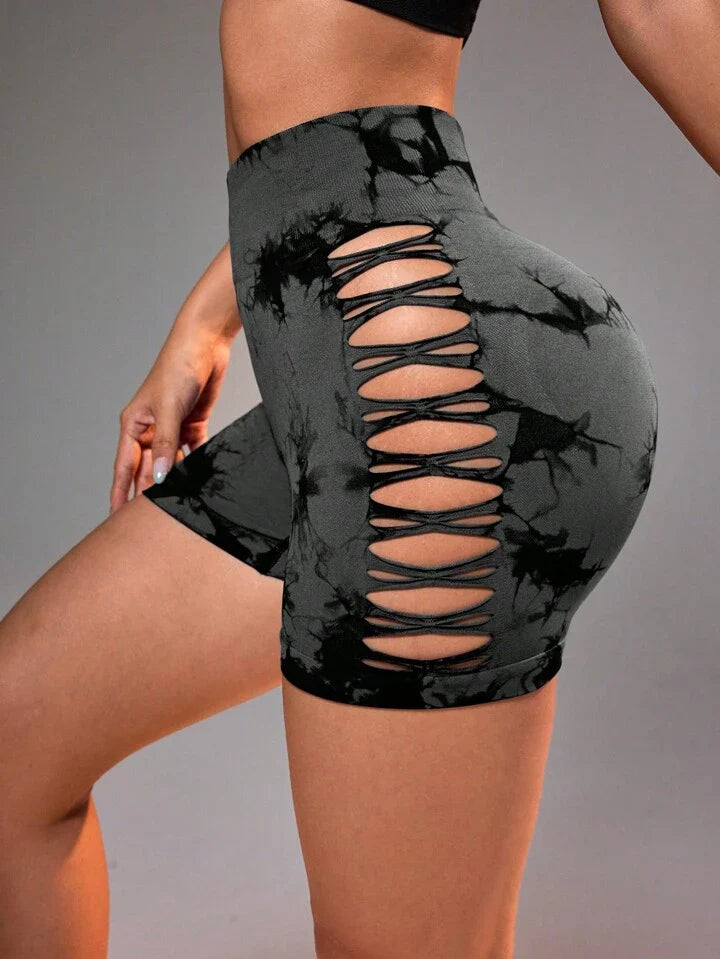 A & S Women's High Waist Tie-Dye Printed Hollow Out Side Seamless Sports Shorts