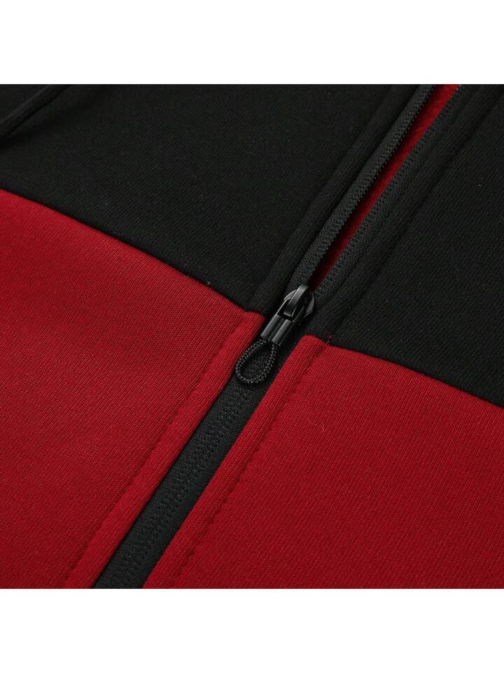 2pcs/Set Men's Casual Color Block Patchwork Zipper Sports Suit