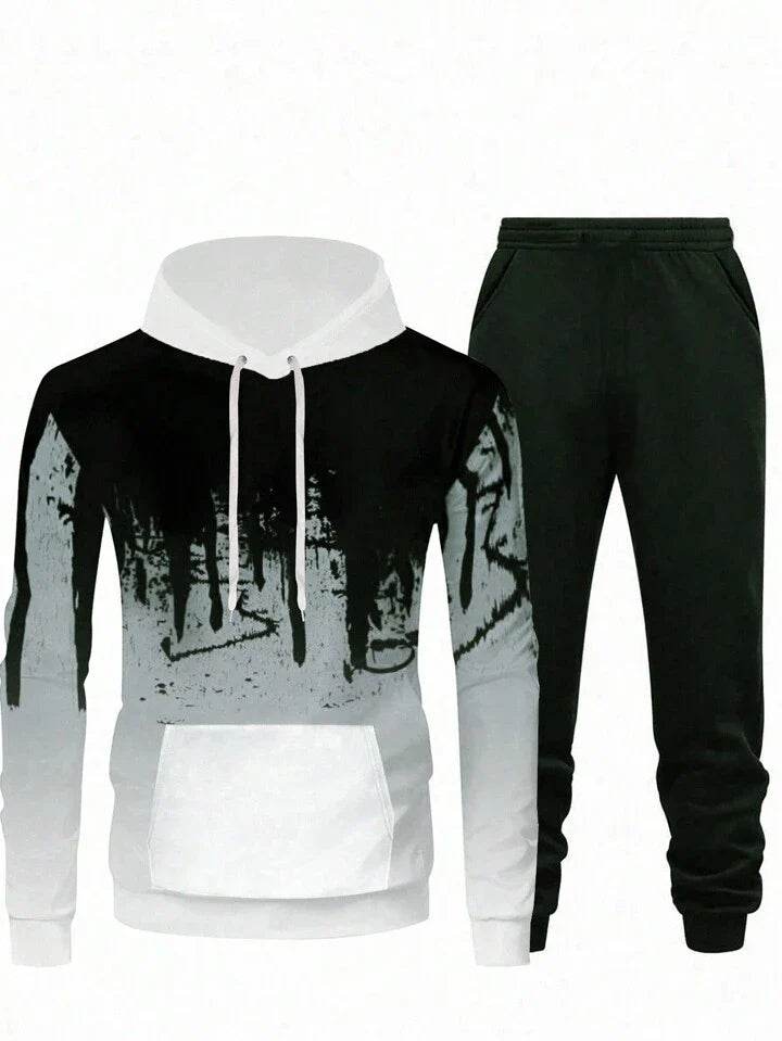 Men Color Block Kangaroo Pocket Drawstring Sports Hoodie & Sweatpants Set