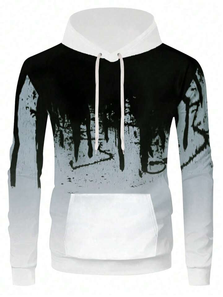 Men Color Block Kangaroo Pocket Drawstring Sports Hoodie & Sweatpants Set