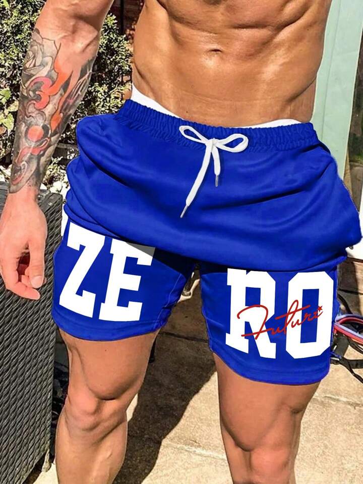 Homme Men Loose Fit Drawstring Waist Jogger Shorts With Letter Print