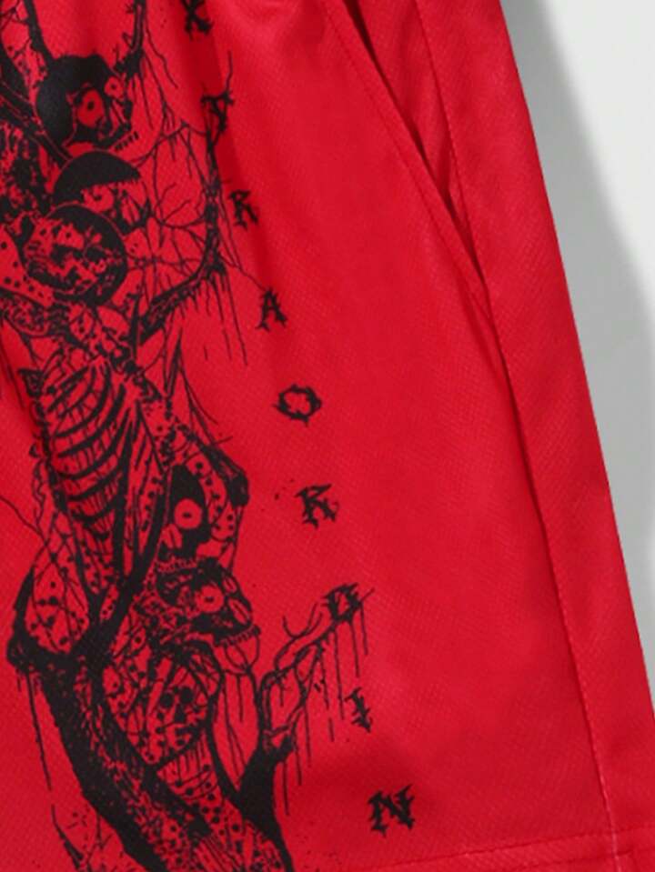 Goth Men Striped & Letter Graphic Drawstring Waist Mesh Shorts