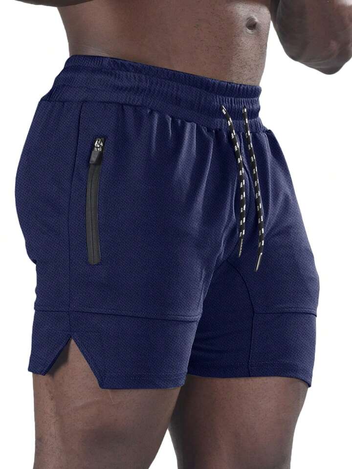 Men Zip Pocket Split Hem Drawstring Waist Shorts
