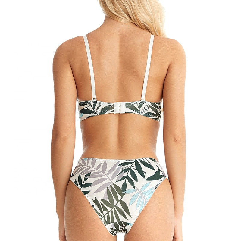 A & S Leaf Print Underwire Embroidery Bra and Panty