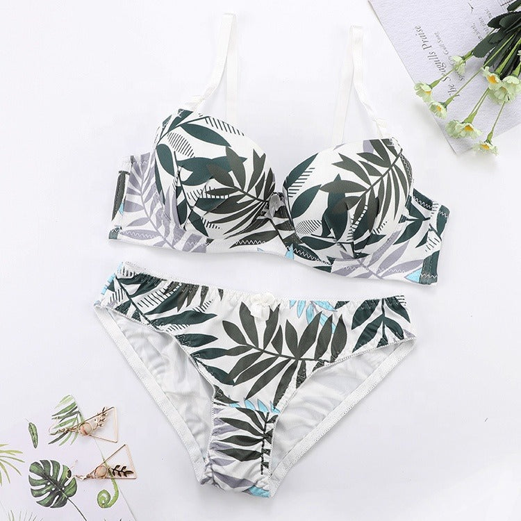 A & S Leaf Print Underwire Embroidery Bra and Panty