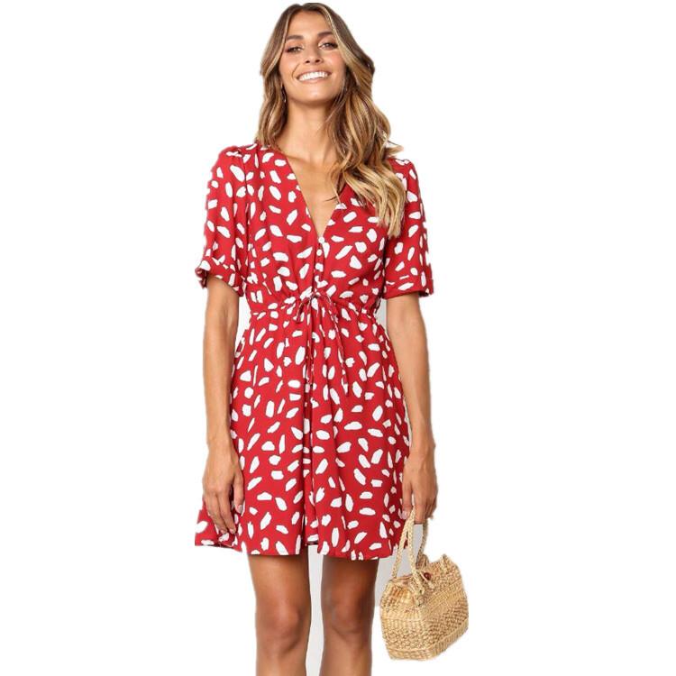 A & S  Red Fashion Print Button Lace Casual Dress for Summer/Beach