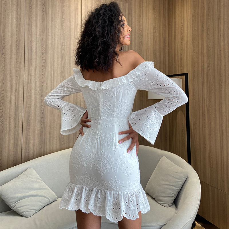 A & S Tied Fringe Ruffle Hem Schiffy Bardot Dress