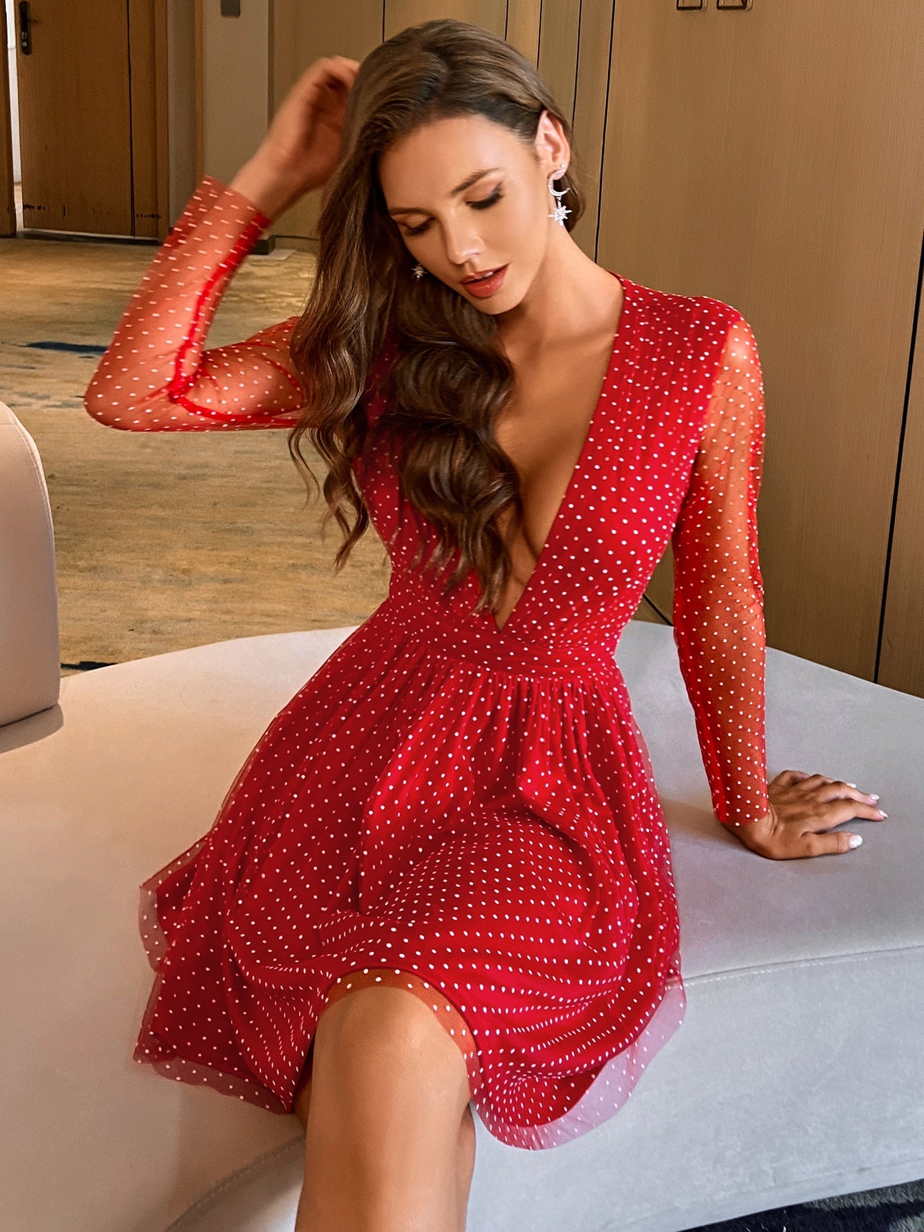 A & S Deep V Transparent Dot Print Long Sleeve Chiffon Casual Dress