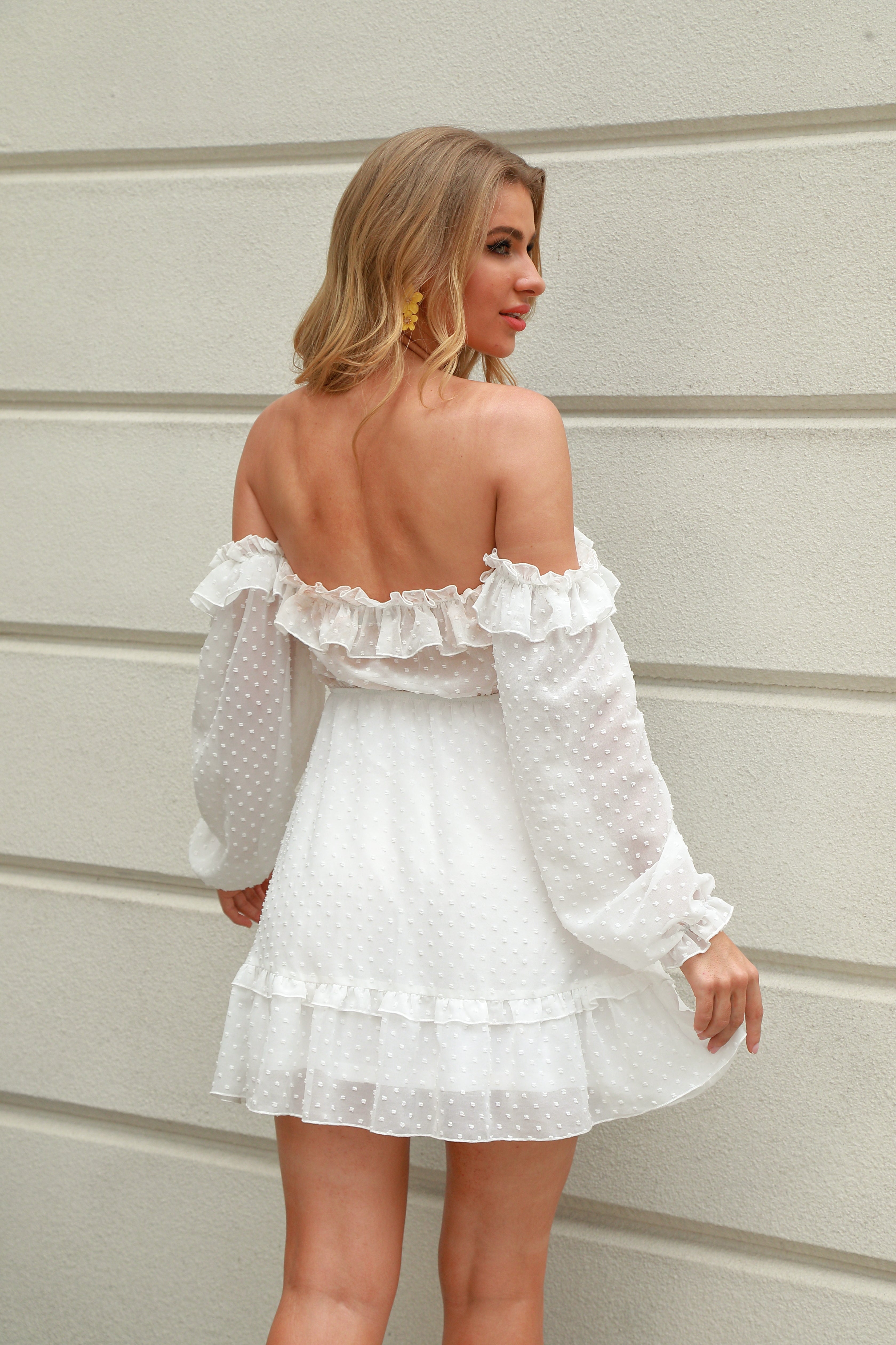 A & S Off Shoulder Frill Trim Swiss Dot Chiffon White Dress